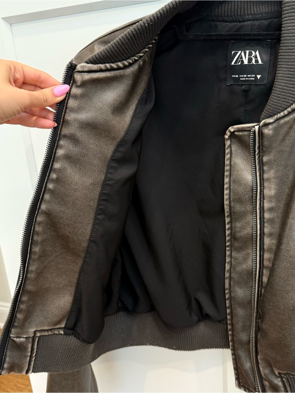 Zara Brown Faux-Leather Cropped Bomber Jacket - Picture 8 of 12